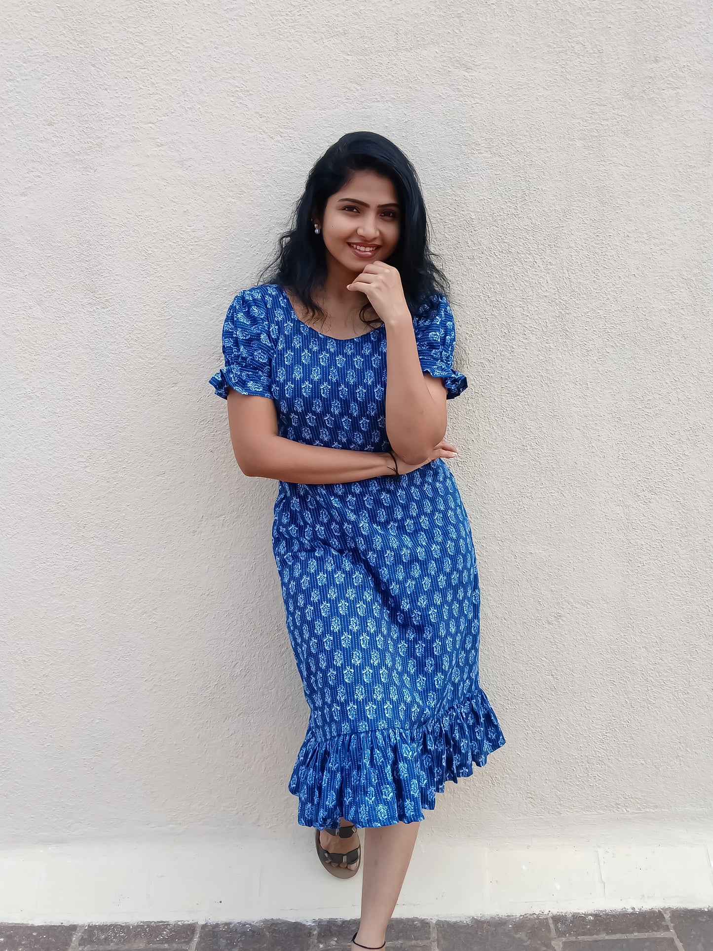 Indigo printed hand block dress