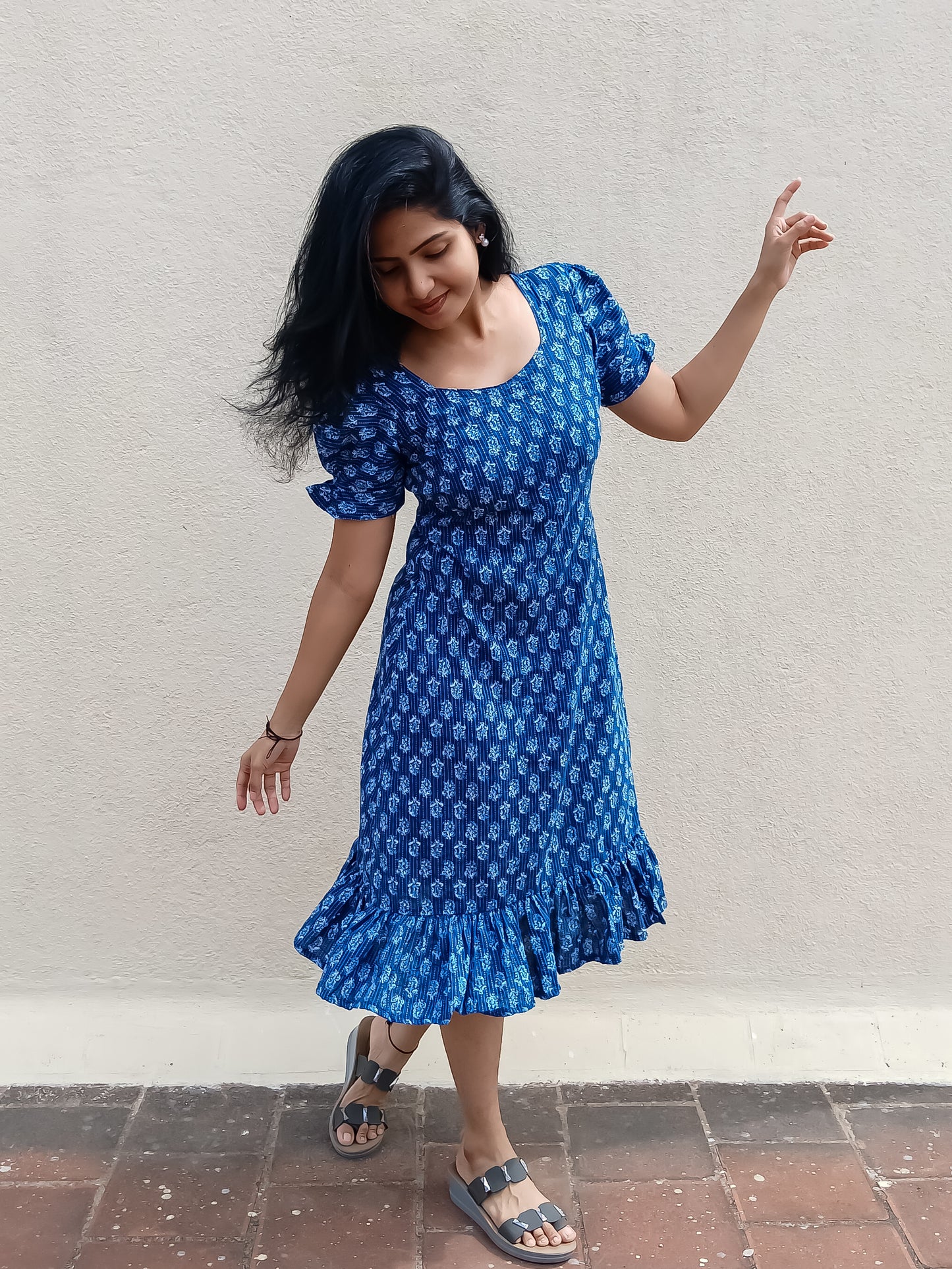 Indigo printed hand block dress
