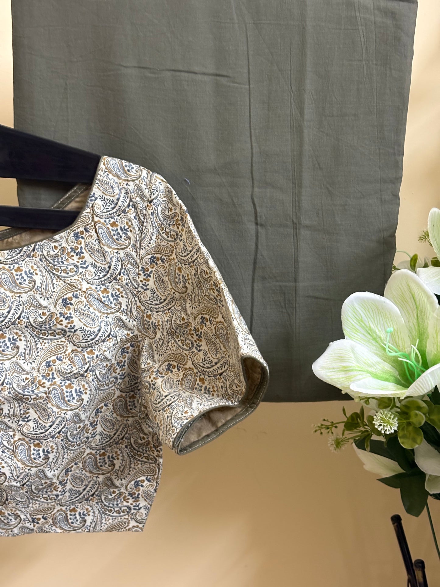 Handblock printed blouse with plain saree