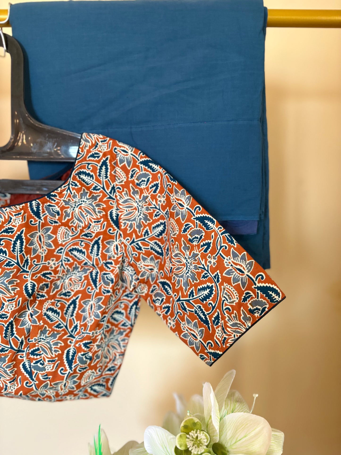 Indigo leaf floral handblock print saree