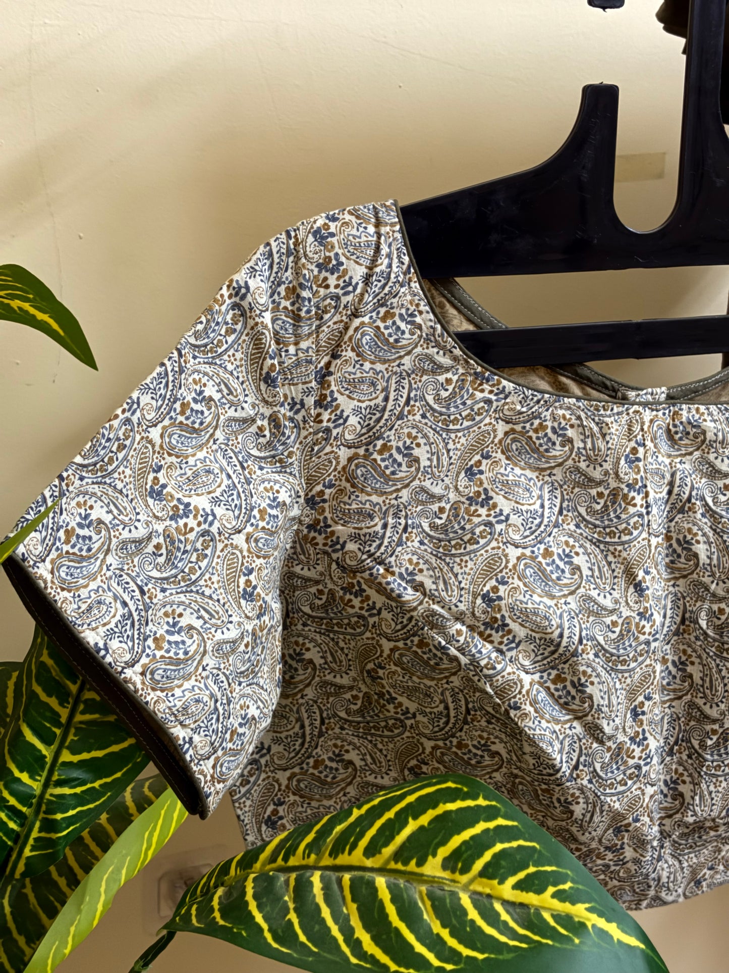 Handblock printed blouse with plain saree