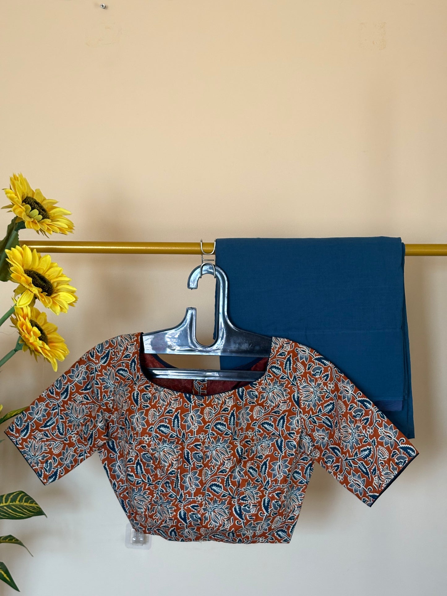 Indigo leaf floral handblock print saree