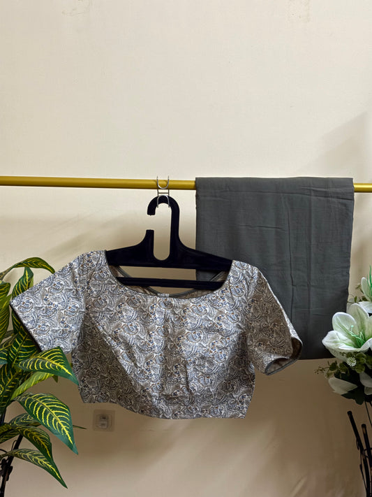 Handblock printed blouse with plain saree