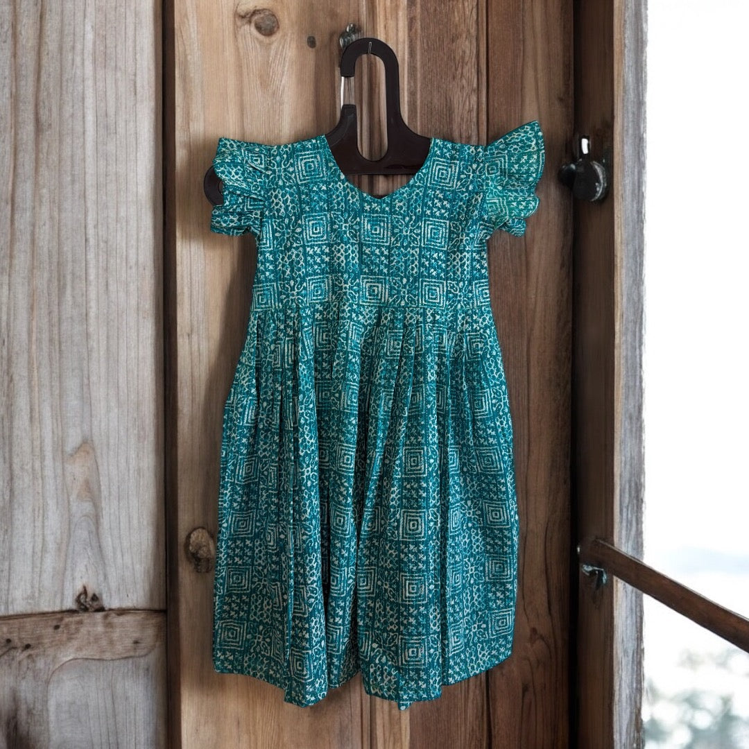 Blue Kantha handblock printed kids frock