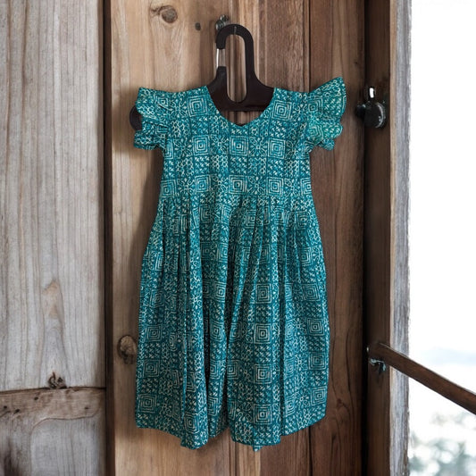 Blue Kantha handblock printed kids frock