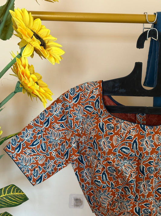 Indigo leaf floral handblock print saree