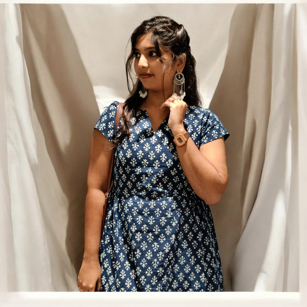 Hand Block Dabu Printed Dress - Indigo