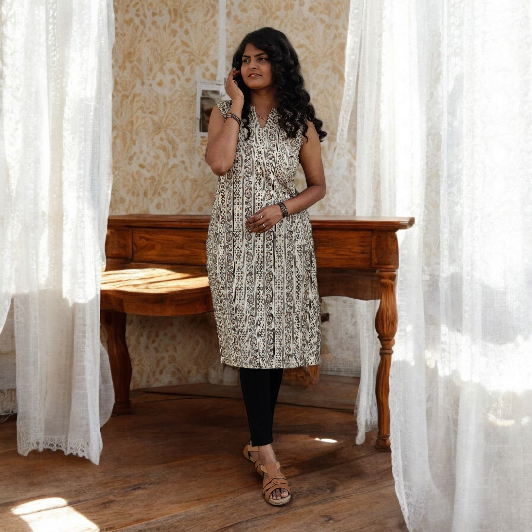 Paisley Printed Beige Hand Block Printed Kurti