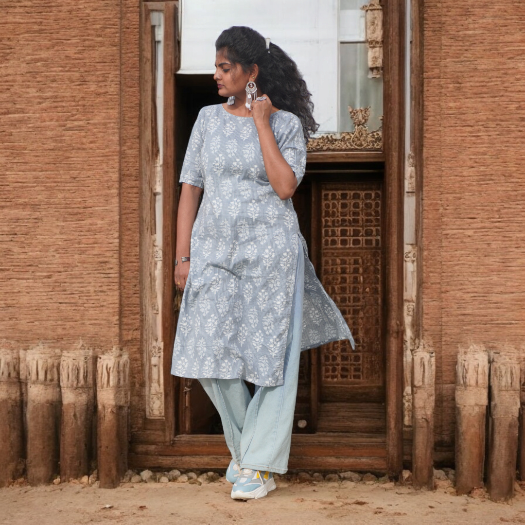 Hand block Printed Grey Kurti Top